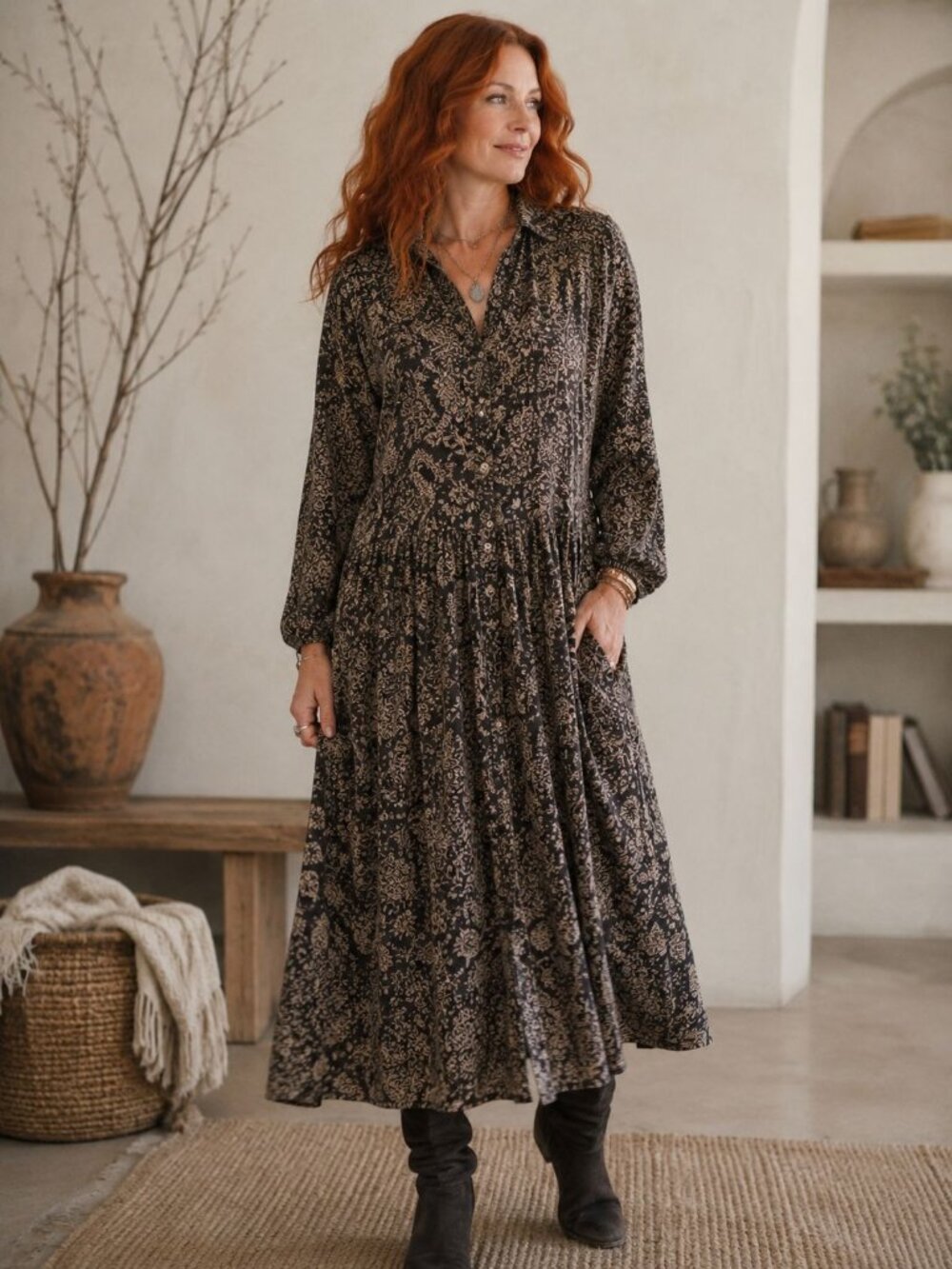 Passport Button Front Midi Shirtdress Black Brown Floral Women’s Large Boho